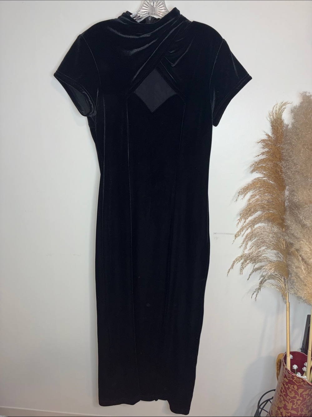 Fashion Bug Black Velvet Midi Dress with Keyhole Yoke